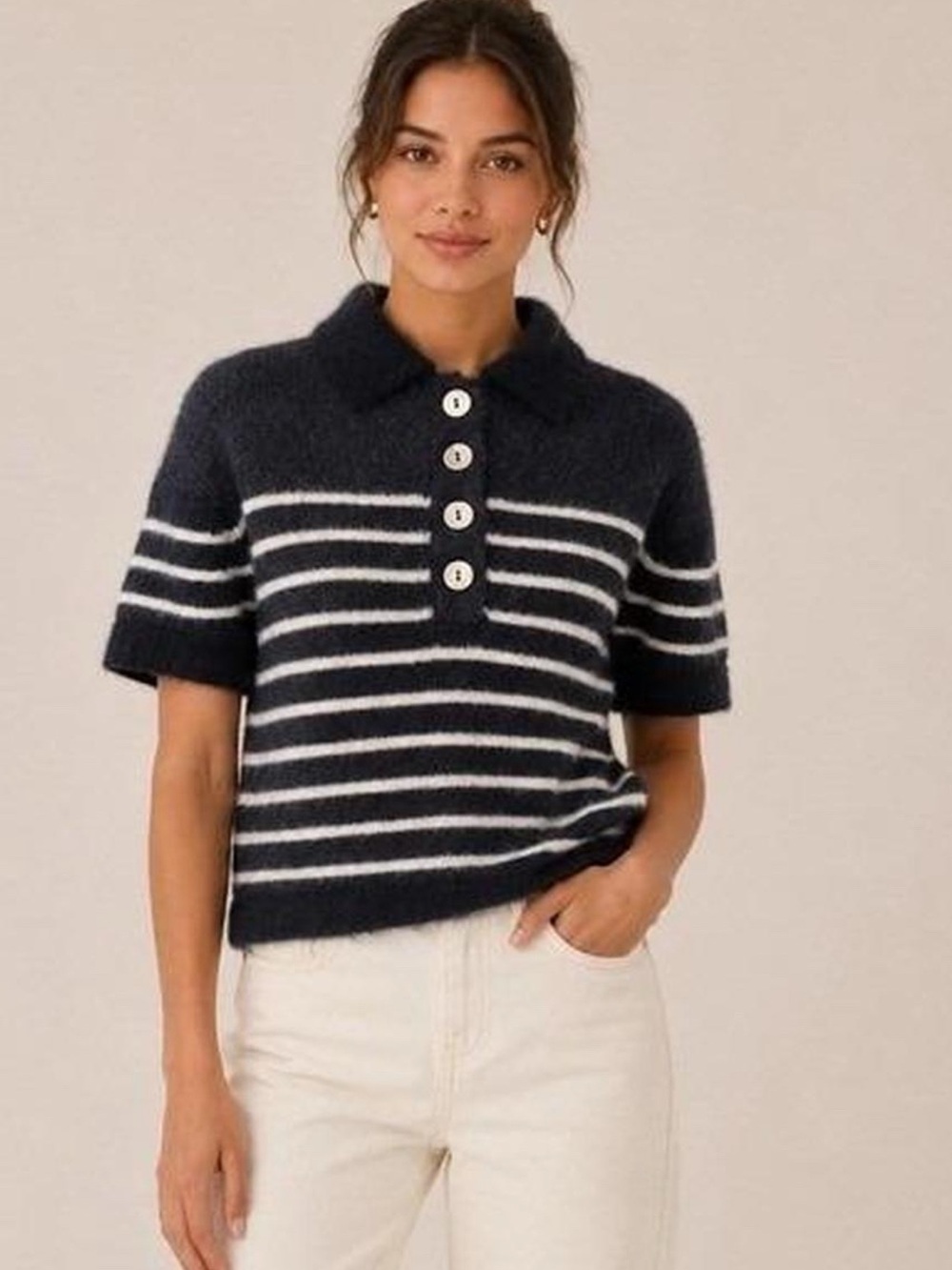 Universal Thread Fuzzy Eyelash Knit Striped Button Polo Top NWT Size M Preppy
